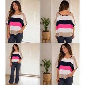 Libian Womens Pink Navy Blue Striped Dolman Sleeve Scoop Neck Blouse Top